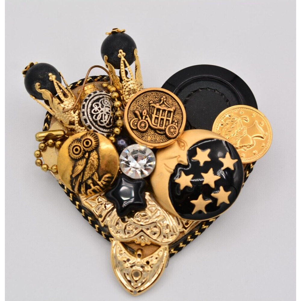 Vintage Kitsch Heart Pin Brooch Handcrafted Sun Moon Star Coin Valentine BinAP